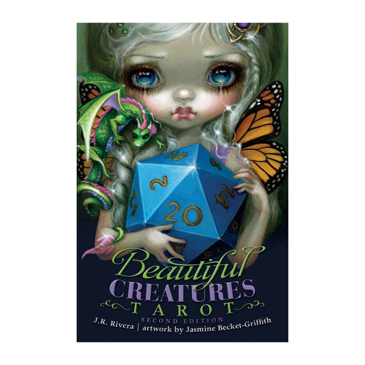 Book cover of 'Beautiful Creatures Tarot' with a fantasy design featuring a girl, dragon, butterfly, and dice.