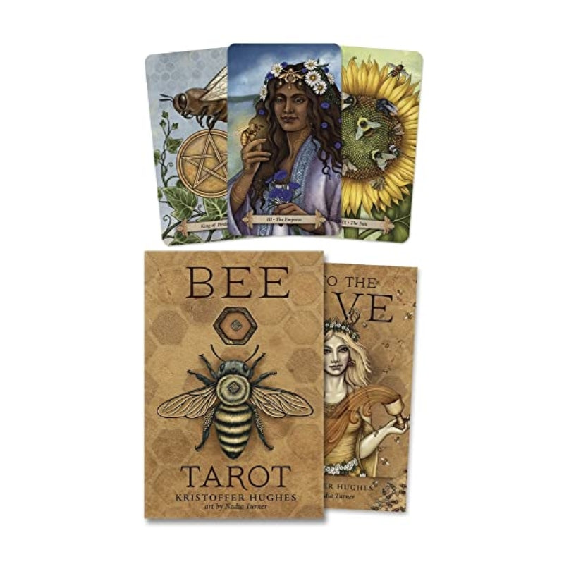 Bee Tarot deck packaging and three illustrated cards displayed on a plain white background. The front box shows a large bee illustration and the title 'BEE TAROT'; the cards feature floral and nature-themed artwork including a sunflower, a bee, and a woman in a floral crown.