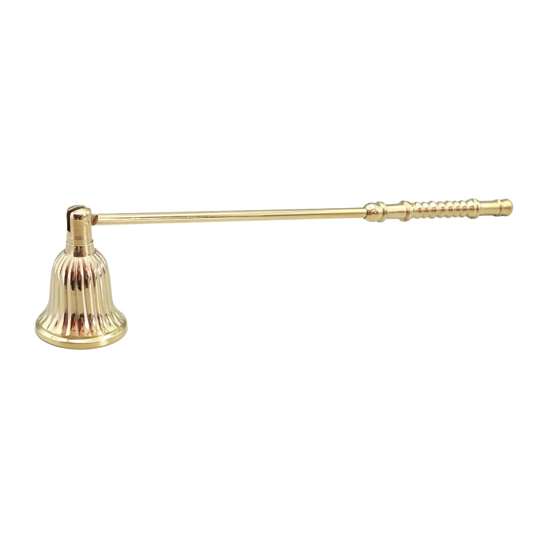 A brass candle snuffer with a fluted bell-shaped head and a long, straight handle featuring a ribbed grip, shown against a plain white background.