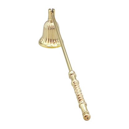 A brass candle snuffer with a fluted bell-shaped tip and a textured handle, shown diagonally on a plain white background.