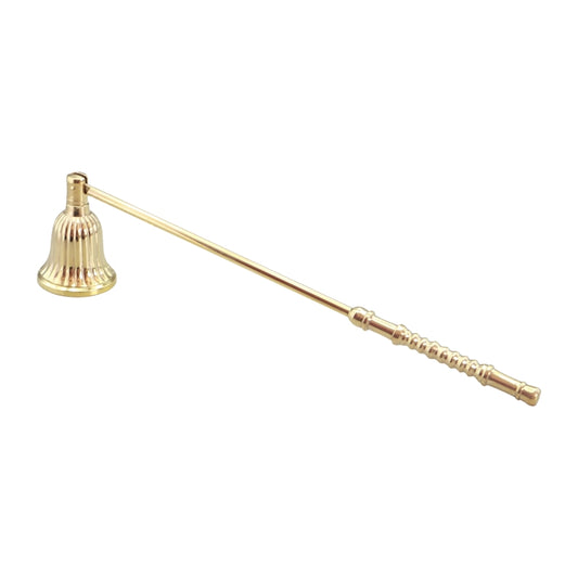 A brass candle snuffer with a fluted bell-shaped head and a long, ribbed handle, shown against a plain white background.