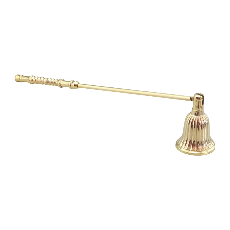A brass candle snuffer with a long, slender handle and a fluted bell-shaped tip, shown against a plain white background.