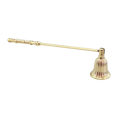 A brass candle snuffer with a long, slender handle and a fluted bell-shaped tip, shown against a plain white background.