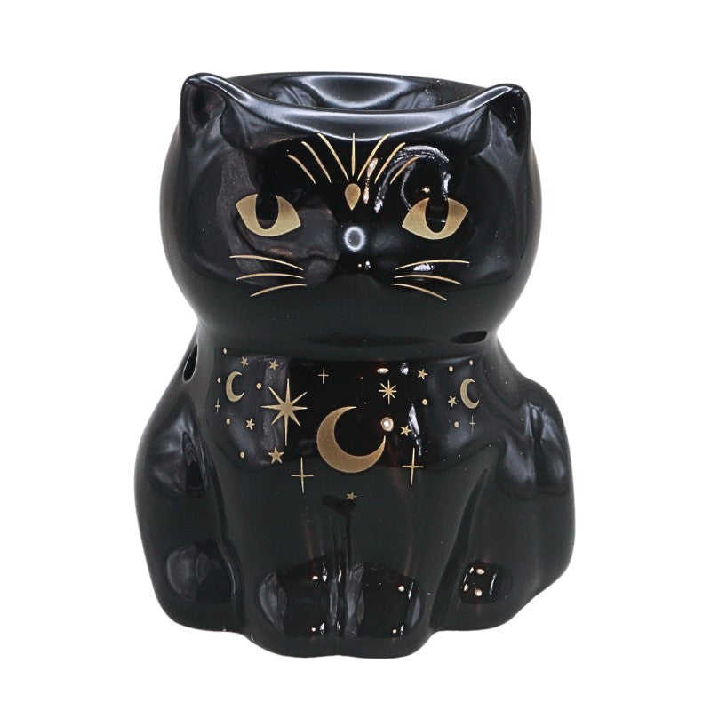 black cat shaped oil burner with gold stars and moons, on a white background