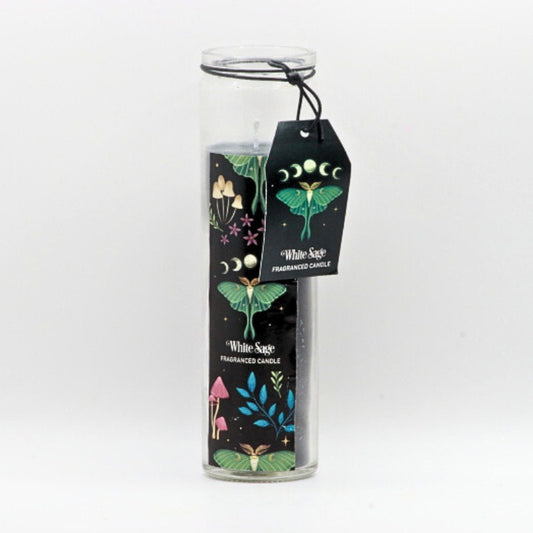 candle in glass jar- Luna Moth, mushrooms and ferns design on jar