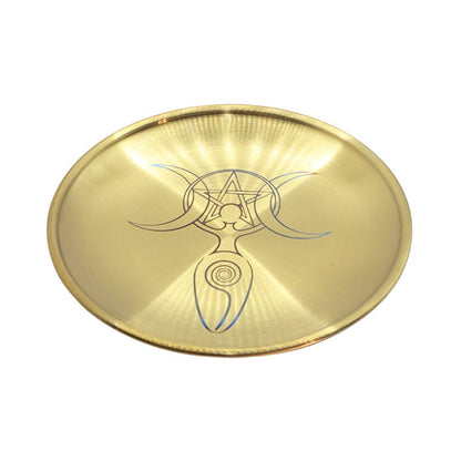 gold coloured altar plate with a spiral triple moon goddess design
