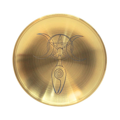 gold coloured altar plate with a spiral triple moon goddess design