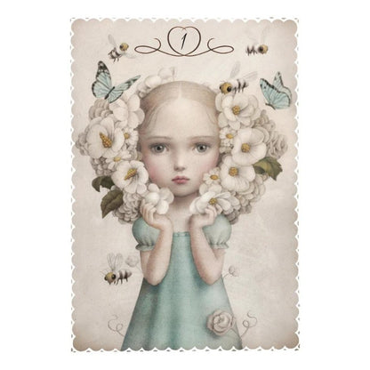 card from the ceccoli oracle deck showing young girl with white flowers, butterflies and bees around her head