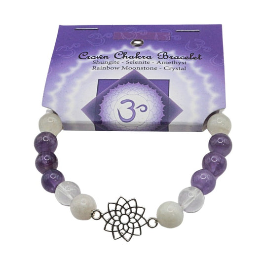 Crown Chakra bracelet with packaging on a white background