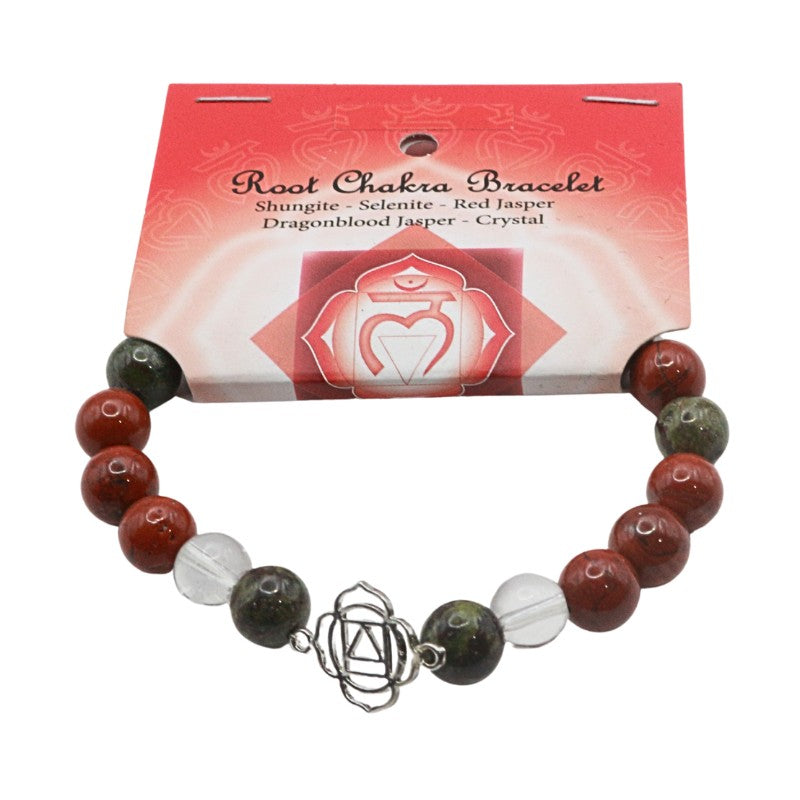 Root Chakra bracelet with beads and a card on a white background