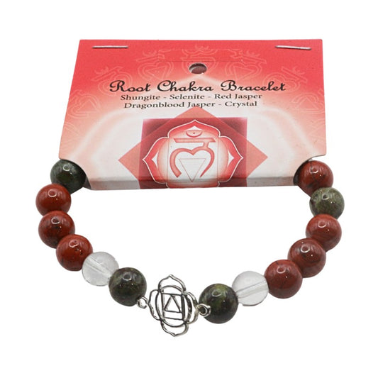 Root Chakra bracelet with beads and a card on a white background