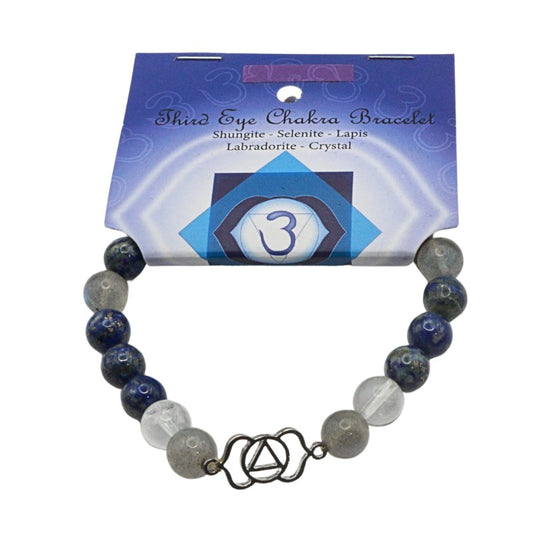 Third Eye Chakra bracelet with blue, white, and gray beads on a card with 'Third Eye Chakra Bracelet' text.