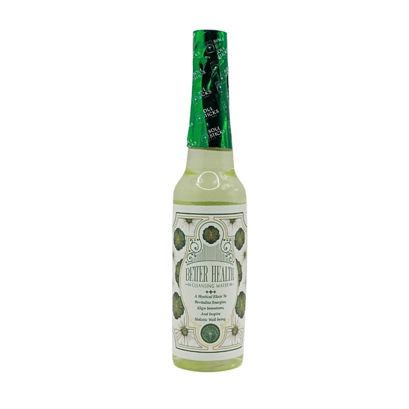 Bottle of 'Better Health' cleansing water with green cap on a white background