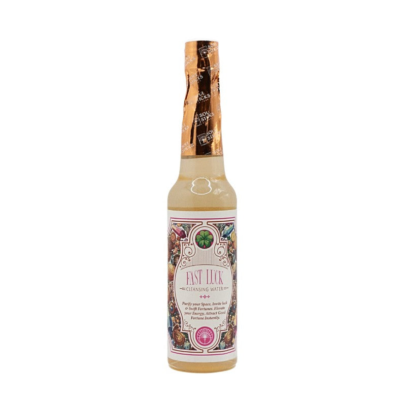 Bottle of Fast Luck cleansing water on a white background