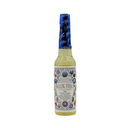 Bottle of 'Healing Energy' with a colorful label on a white background