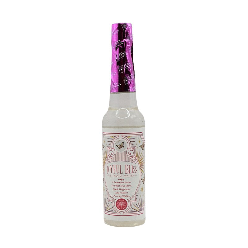 bottle of joyful bliss cleansing water on a white background