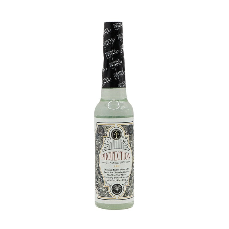 Bottle of 'Protection' cleansing water with decorative label on a white background
