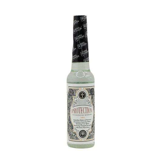 Bottle of 'Protection' cleansing water with decorative label on a white background