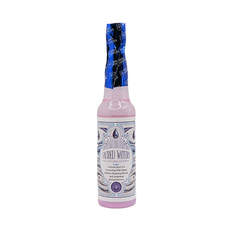 Bottle with blue and pink label on a white background