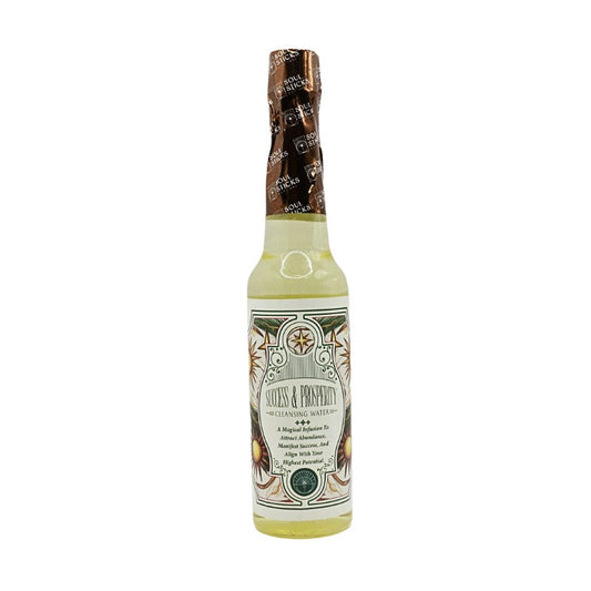 Bottle of Success and prosperity  cleansing water with decorative label on a white background