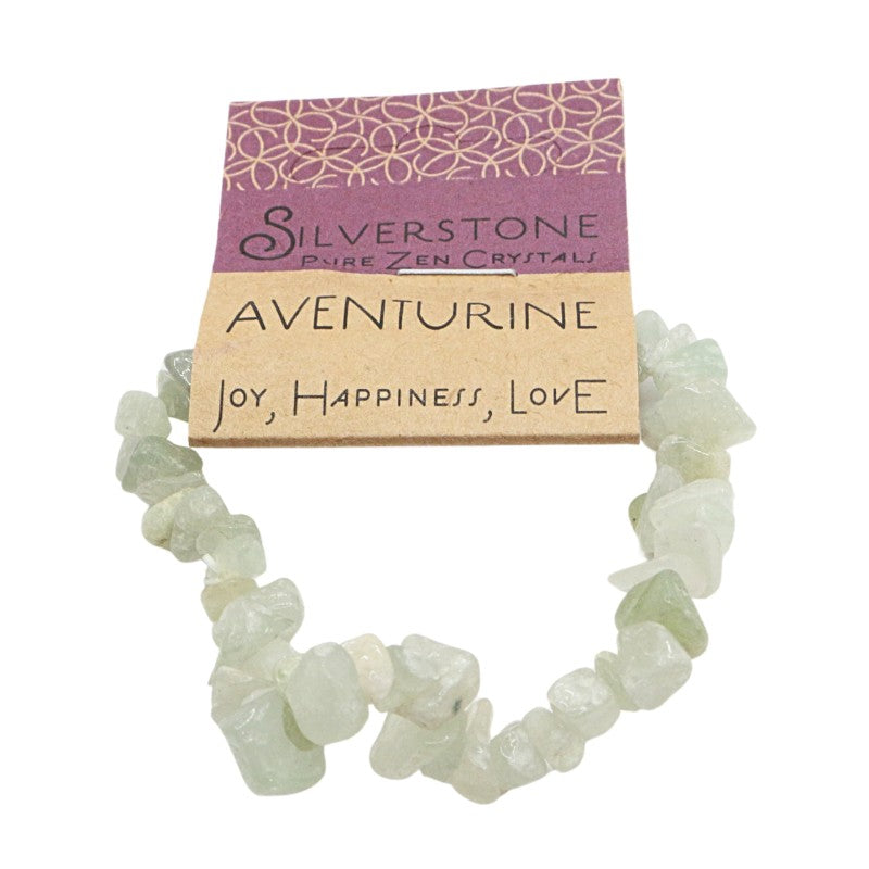 Green aventurine bracelet on a white background with 'Silverstone' packaging.