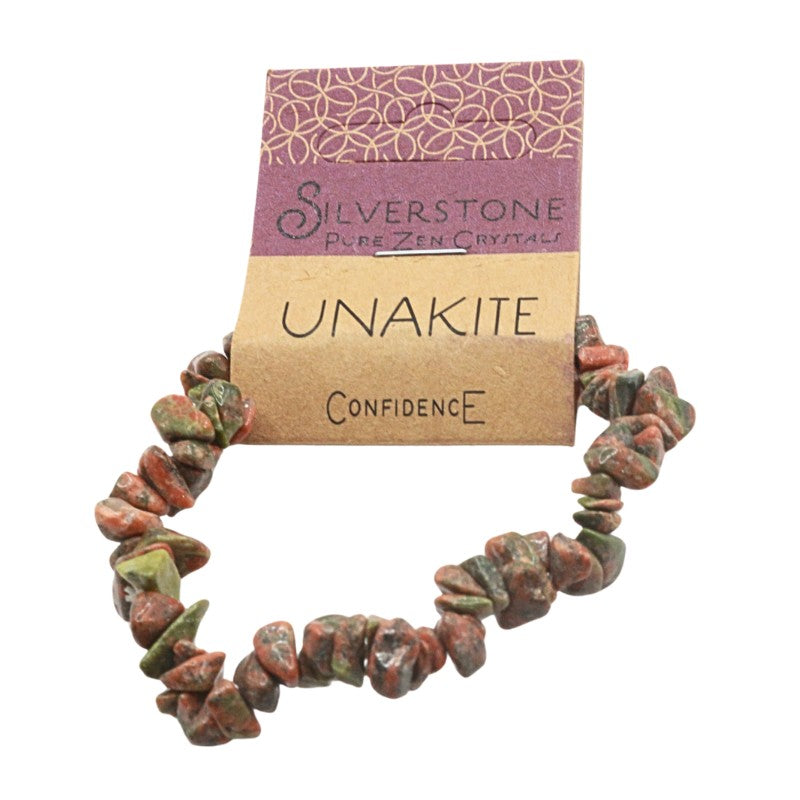 Unakite stone bracelet with 'Silverstone Pure Zen Crystals' packaging on a white background