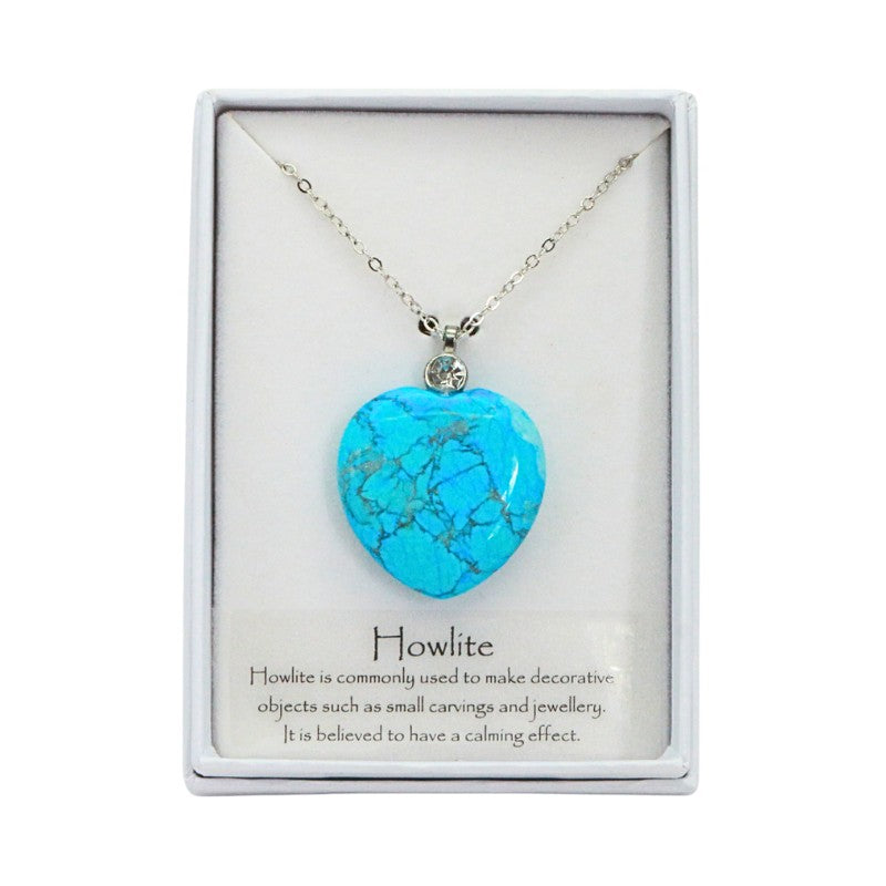 blue heart shaped Howlite crystal necklace in white box