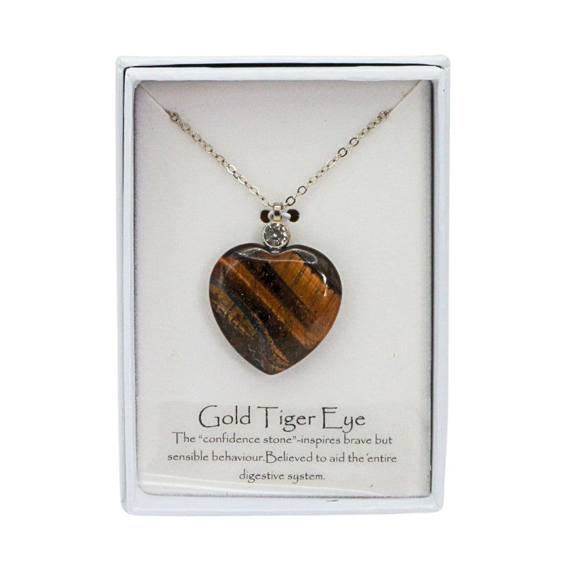 heart shaped Gold Tiger Eye crystal necklace in white box
