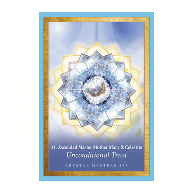 Crystal card with a blue and gold border featuring a mandala design and text about Ascended Master Mother Mary & Celestite.