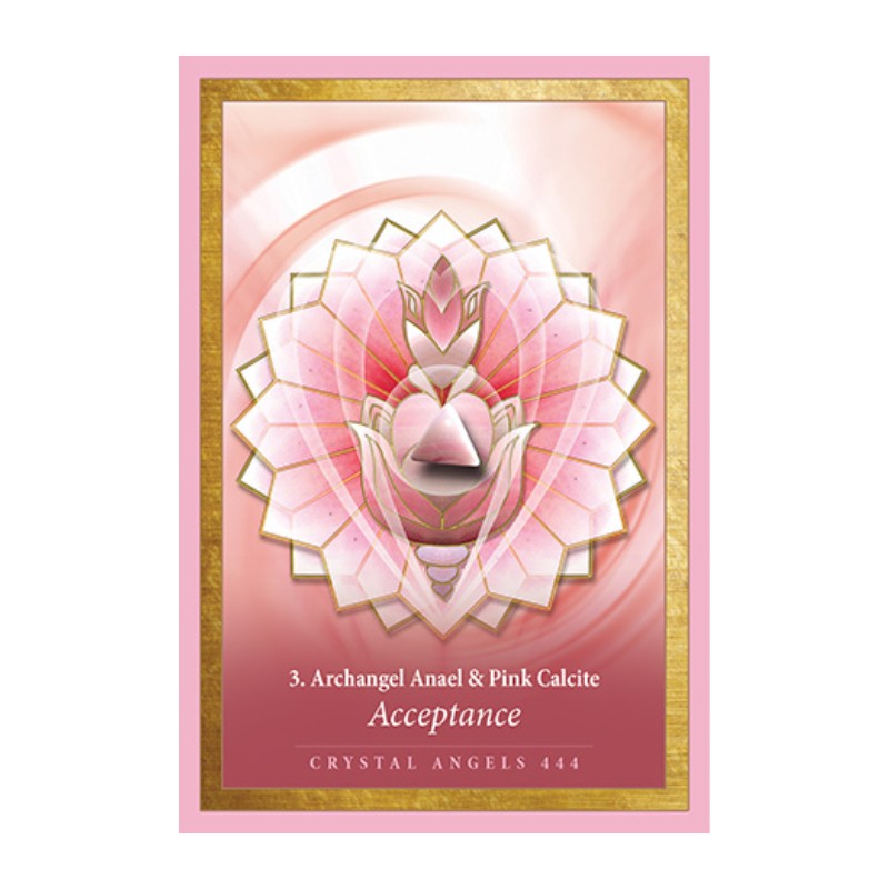 Crystal angel card with pink and gold design on a white background