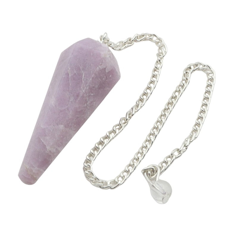 Purple Lepidolite crystal pendulum on a white background