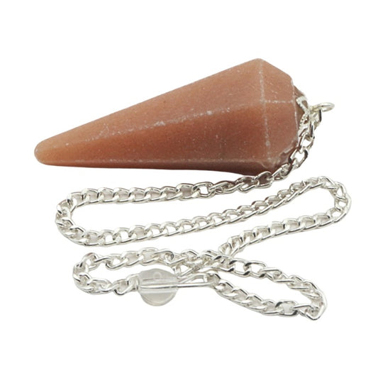 Peach Aventurine pendulum with silver coloured chain on white background