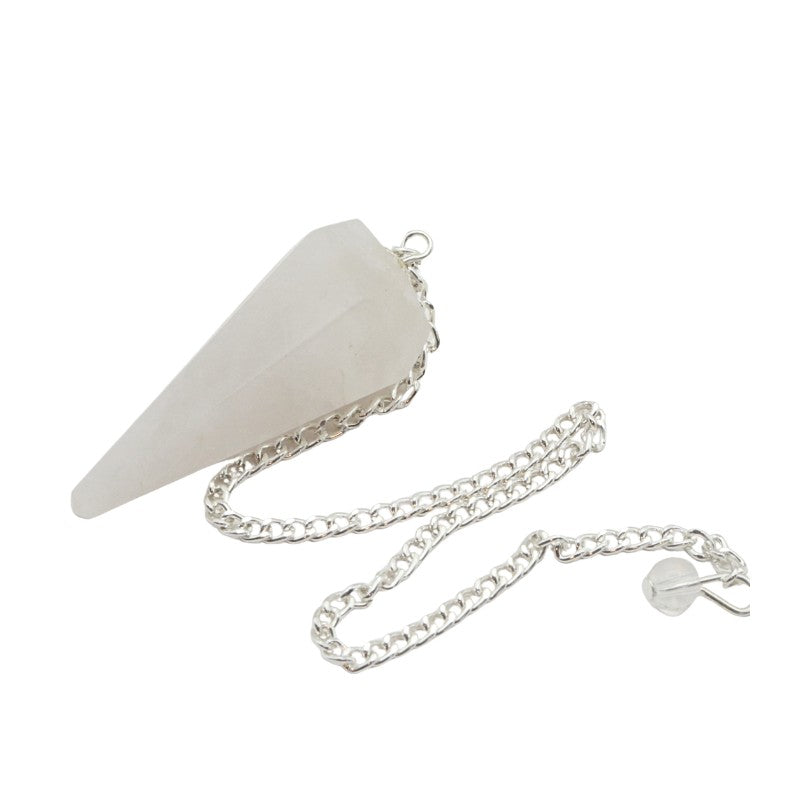 White quartz pendant with a silver chain on a white background