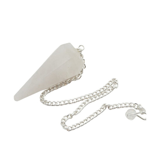 White quartz pendant with a silver chain on a white background