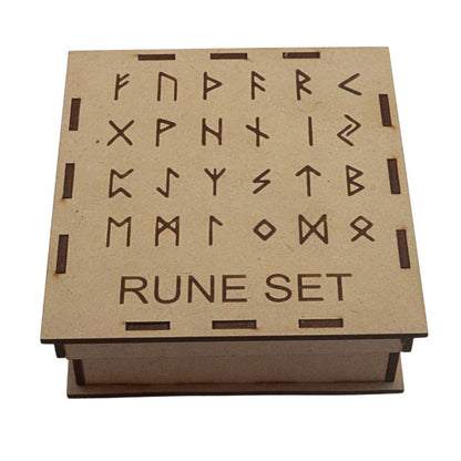 Wooden box with engraved runes and 'Rune Set' text on a white background