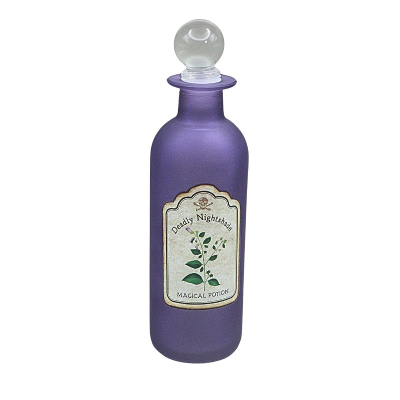 Purple potion bottle with a label on a white background