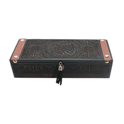 wooden storage box with dragon engraved on it
