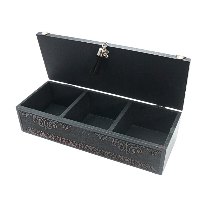 wooden storage box with dragon engraved on it