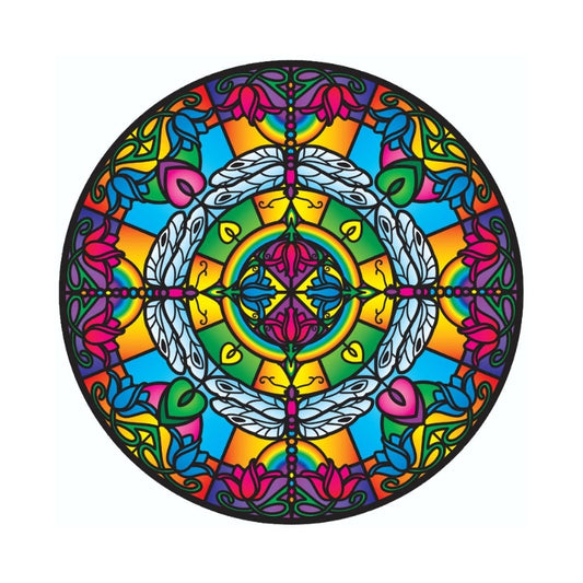 colourful stickers showing a mandala of flowers and dragonflies