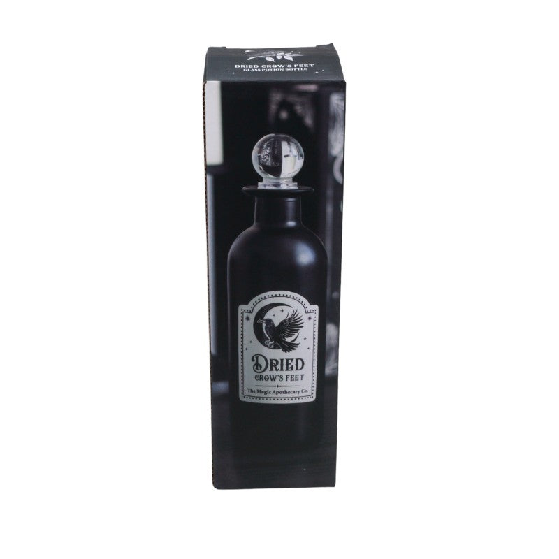 Black bottle with a label in a black box packaging on a white background