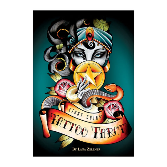 Tattoo Tarot card deck cover by Lana Zellner, featuring a stylized tattoo illustration of a woman's face with a gold coin, roses, and a snake on a dark teal background.