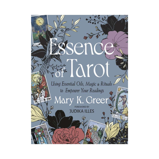 Essence of Tarot book with a blue cover and a floral and tarot card  design on a white background