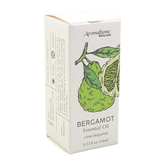 AromaFume Naturals Bergamot Essential Oil box, featuring a white packaging design with a green and yellow illustration of a bergamot fruit and leaves.