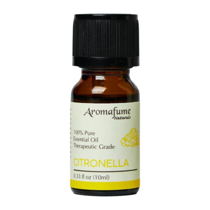A 10 ml bottle of Aromafume Naturals Citronella essential oil. The amber glass bottle has a black ribbed cap and a cream-colored label with yellow and black text.