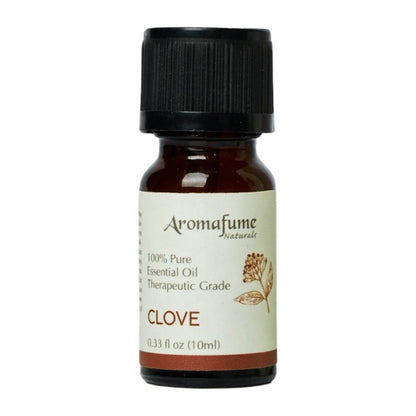 A 10ml amber glass bottle of Aromafume Naturalis Clove essential oil with a black cap and cream-colored label, shown on a plain white background.