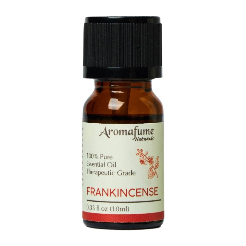 A 10ml amber glass bottle of Aromafume Naturals Frankincense essential oil with a black cap and cream label.