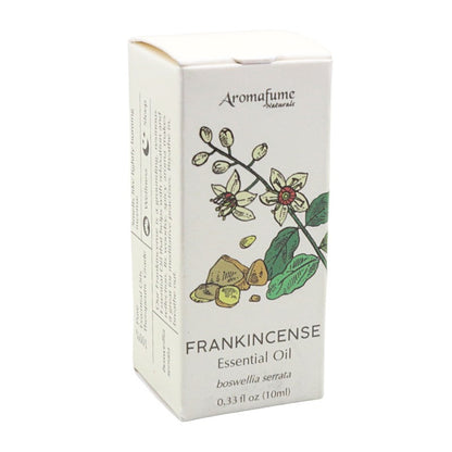 A white rectangular box of Aromafume Naturals Frankincense Essential Oil, featuring botanical illustrations of frankincense flowers, leaves, and resin pieces on the front.