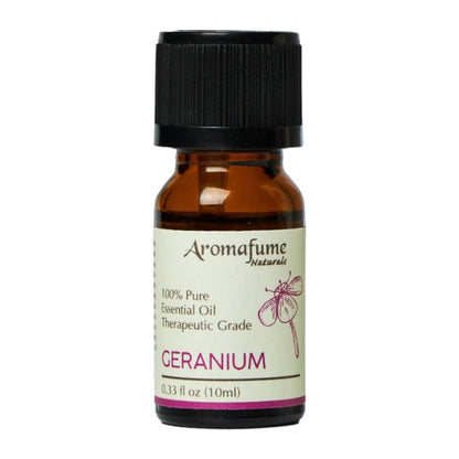 Aromafume Naturals Geranium essential oil bottle, 10ml (0.33 fl oz), featuring an amber glass bottle, black cap, and cream label with pink text and illustration.
