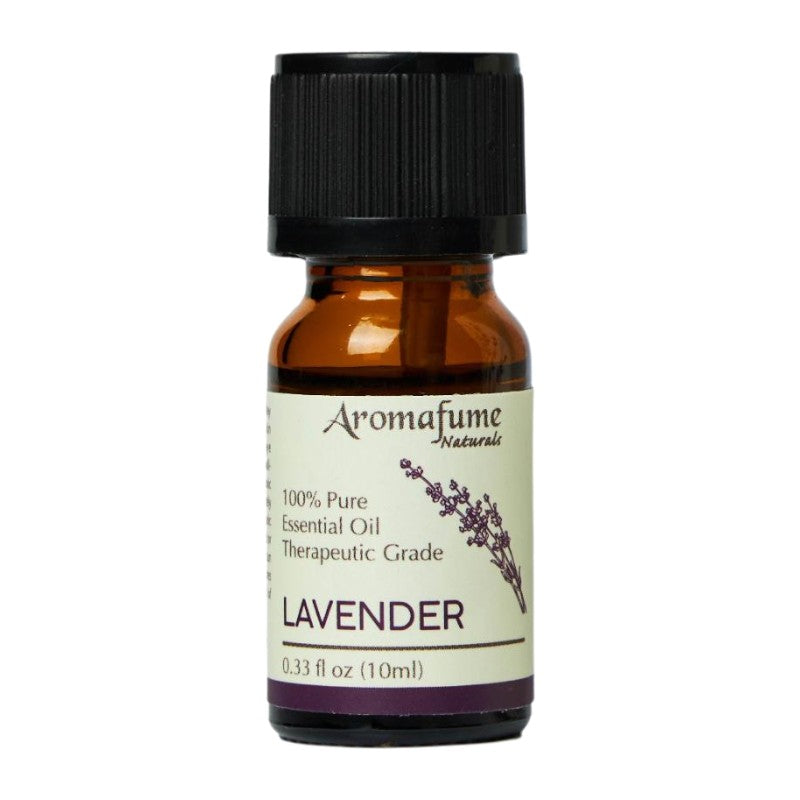 A small amber glass bottle of Aromafume Naturals Lavender essential oil with a black ribbed cap and a cream label, shown on a plain white background.