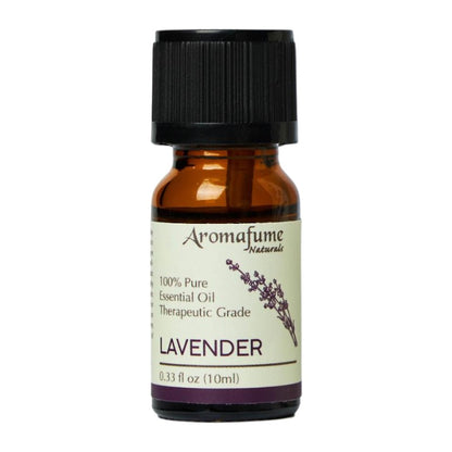 A small amber glass bottle of Aromafume Naturals Lavender essential oil with a black ribbed cap and a cream label, shown on a plain white background.